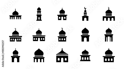 Collection of Islamic mosque architectural elements and building designs presented in a flat icon style for digital and print use