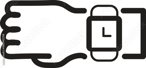 A hand gesture pointing towards a digital smartwatch displaying the time clearly visible.