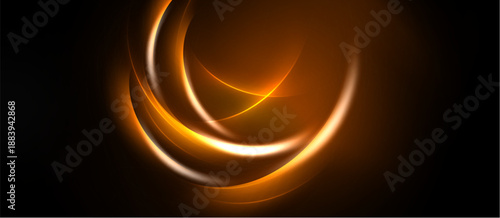 Abstract orange curves shine against dark background. Smooth lines create dynamic, glowing visual effect. Warm tones dominate composition.