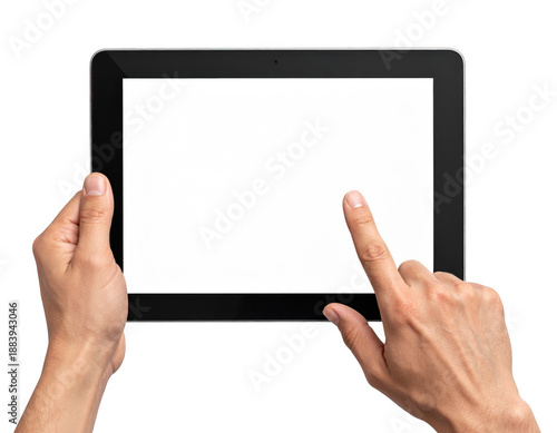 Male hands holding a digital tablet with a blank screen, finger tapping it. Isolated on transparent background
