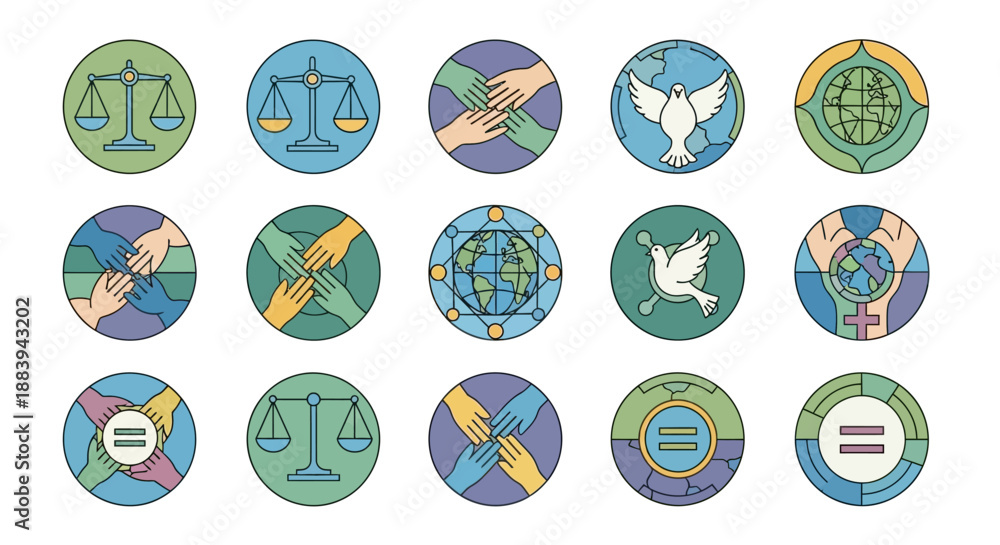 custom made wallpaper toronto digitalA collection of social justice icons and symbols, including illustrations of scales, doves, and globes, representing equality and human rights, arranged in rows on a clean white background.