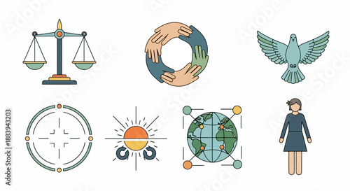 A collection of social justice icons including a scale, hands holding the earth, a dove, a compass, a sun with equality symbols, and a globe with mathematical equations against a clean