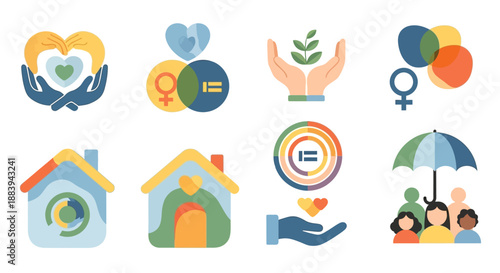 A collection of colorful social justice icons and symbols on a white background, representing equality, environmental awareness, and human rights.