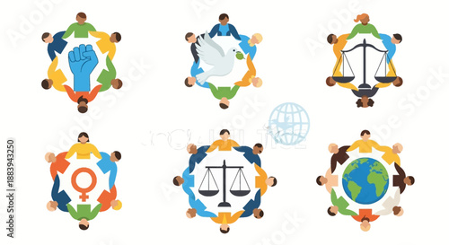 A collection of six social justice icons surrounded by diverse people, symbolizing equality and unity, against a clean white background with a mix of vibrant, earthy tones conveying a sense