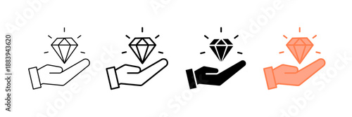 Set of minimalist hand holding diamond icons with transparent background, depicting value, quality, luxury, premium service, and customer appreciation, vector illustration