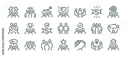 Collaboration community, group of people icons pack. Line signs teamwork business, cooperation and support, handshake. Thin vector icons set perfect for web app infographic social projects.