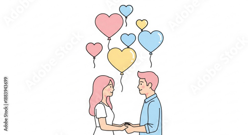 Couple holding hands with heart-shaped balloons floating above them in a joyful celebration