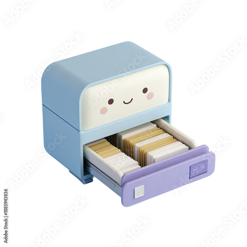 Animated cartoon image of a pastel colored, cute looking file cabinet with a drawer open