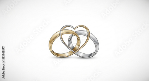 Interlocking gold and silver wedding rings displayed on a white background from a front viewpoint