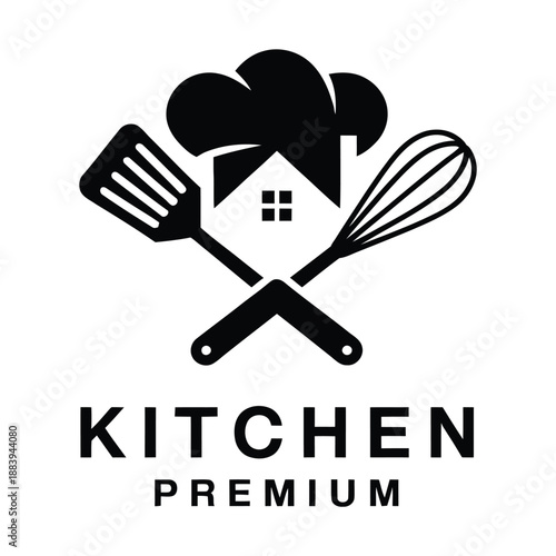 Kitchen premium logo with chef hat and crossed utensils icon