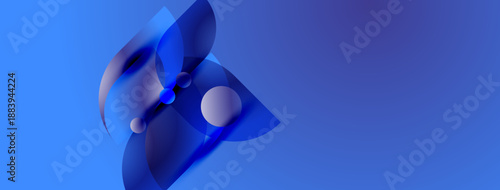 Abstract blue shapes overlap, creating dynamic composition. Gradient background enhances visual depth, modern aesthetic.