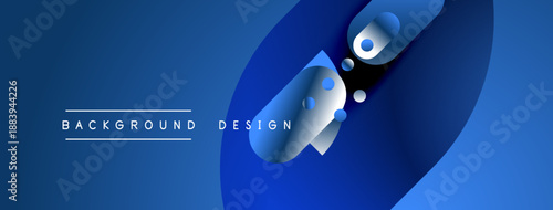 Abstract blue shapes create dynamic composition. Gradient colors suggest depth, modern design elements present sleek visual experience.
