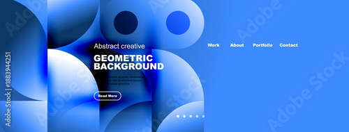 Blue abstract shapes form dynamic website header. Text promotes geometric background, includes navigation options. Modern design.