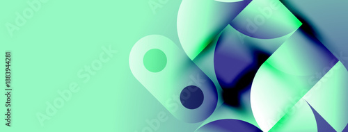 Abstract shapes, turquoise hues, smooth gradients create modern visual. Minimalist design evokes calm, fluid motion.