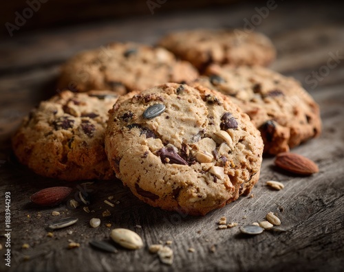 Warmly Lit Rustic Oatmeal Cookies with Seeds and Nuts on Dark Wooden Table.