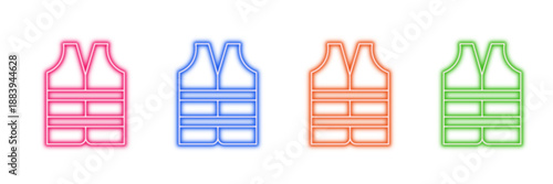 Neon glowing life vest vector icons set, safety, rescue, protection, water, marine, boating, emergency, vibrant colorful digital outline illustration on transparent background.