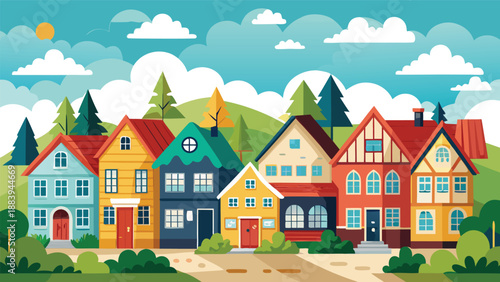 A vibrant cityscape featuring colorful houses in various hues against a clear blue sky