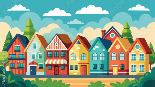 A vibrant cityscape featuring colorful houses in various hues against a clear blue sky
