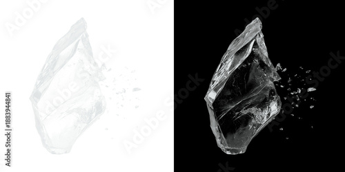 Fényképezés Shattered glass fragment explodes in dark and light backgrounds