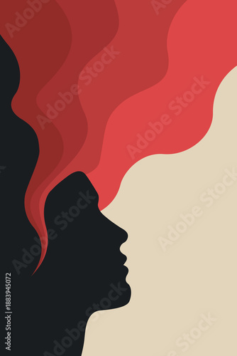 Abstract surreal female silhouette profile with vibrant flowing wavy red hair turning into smoke clouds, minimalist gradient crimson scarlet tones digital vector illustration art.