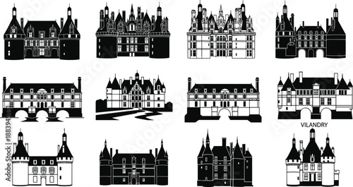 castle, chateau, silhouette, architecture, landmark, heritage, historic, medieval, monument, travel, tourism, europe, france, building, fortress, palace, skyline, illustration, vector, collection