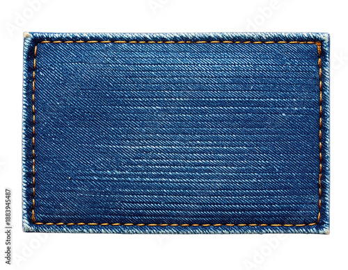 Blank rectangular blue denim patch with contrasting orange stitching isolated on black.