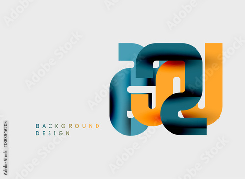 Abstract letter design. Overlapping shapes create modern visual impact. Blue, orange hues dominate neutral backdrop. Simple, clean aesthetic.