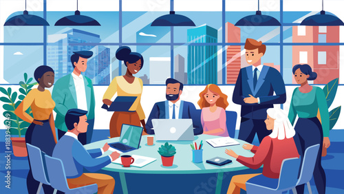 Business professionals collaborating in a meeting room, surrounded by a laptop and various documents on the table