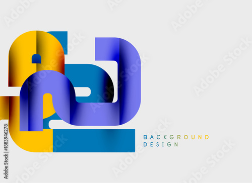 Abstract design features flowing ribbons, blue, purple, yellow hues. Modern composition creates dynamic visual impact. Simple background enhances shapes.