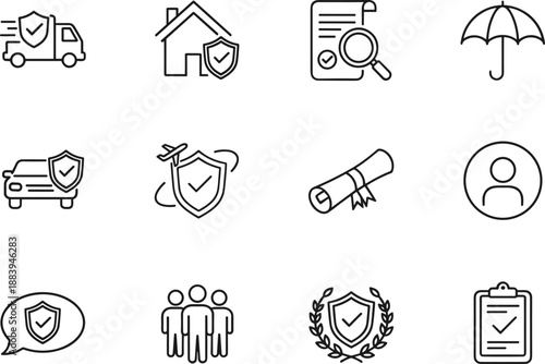 Insurance protection line icons set, safety coverage, home car travel policy, security shield, risk management, outline vector illustration minimal design