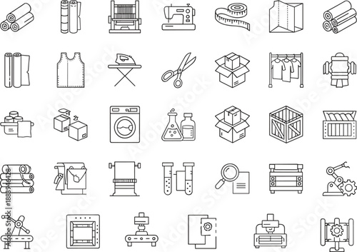 Textile manufacturing line icons set, fabric production sewing laundry packaging machinery industry workflow, cad drawing flat vector illustration