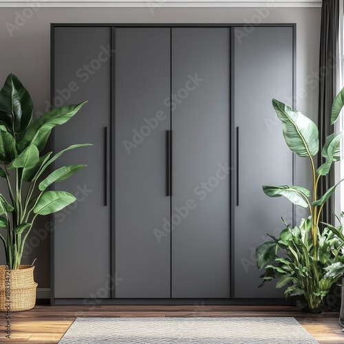 Grey wardrobe in minimalist style interior design of modern bedroom, Generative AI