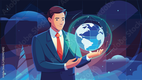 A vibrant digital illustration of a confident businessman standing with a glowing globe in his hands, symbolizing global connections and technological advancement in the modern business world