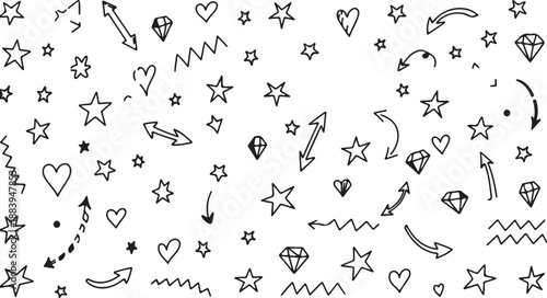 Hand Drawn Doodles with Stars, Hearts, and Arrows on White Background