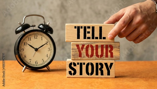 Tell your story symbol. Wooden blocks with words Tell your story. Businessman hand. Beautiful grey background with alarm clock. Business and Tell your story concept