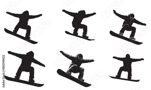 Collection of six snowboarder silhouettes in various dynamic jumping poses on white background.
