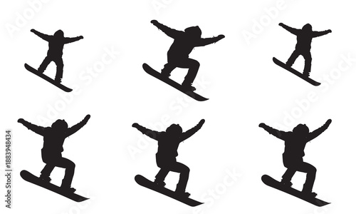 Collection of six snowboarder silhouettes in various dynamic jumping poses on white background.
