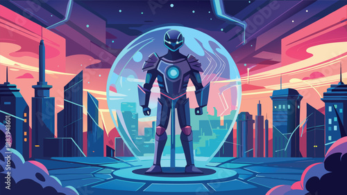 A futuristic warrior in high-tech armor stands confidently in a surreal landscape, surrounded by geometric structures and a glowing energy field, evoking a sci-fi fantasy world