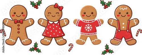 Christmas gingerbread cookie characters illustration, cute festive holiday desserts isolated on white background, kawaii cartoon baking sweets set design elements