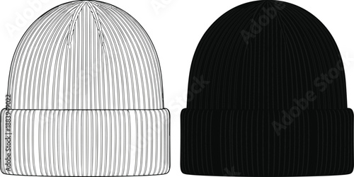 Ribbed knit beanie hat illustration, black and white winter cap mockup, minimalist headwear design isolated on white background
