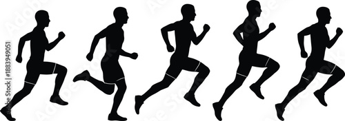 Running man silhouette sequence, athletic male motion phases, sprint training concept, fitness movement isolated on white background