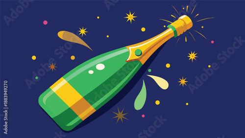 A playful illustration of a champagne bottle with colorful stars and confetti floating around it, capturing a festive and celebratory mood, perfect for party or celebration-related themes