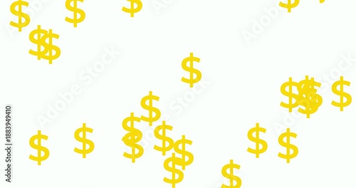 Golden dollar signs rain down and accumulate on a clean white background, symbolizing financial growth and prosperity. This dynamic animation represents wealth and success.