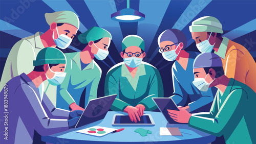 A team of healthcare professionals, including doctors and nurses, gathered around a table with medical documents, collaborating in a hospital setting to discuss patient care and treatment options