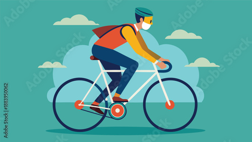 A person riding a bicycle on a sunny day, wearing a helmet and a face mask, promoting active outdoor exercise and safety in the post-pandemic era