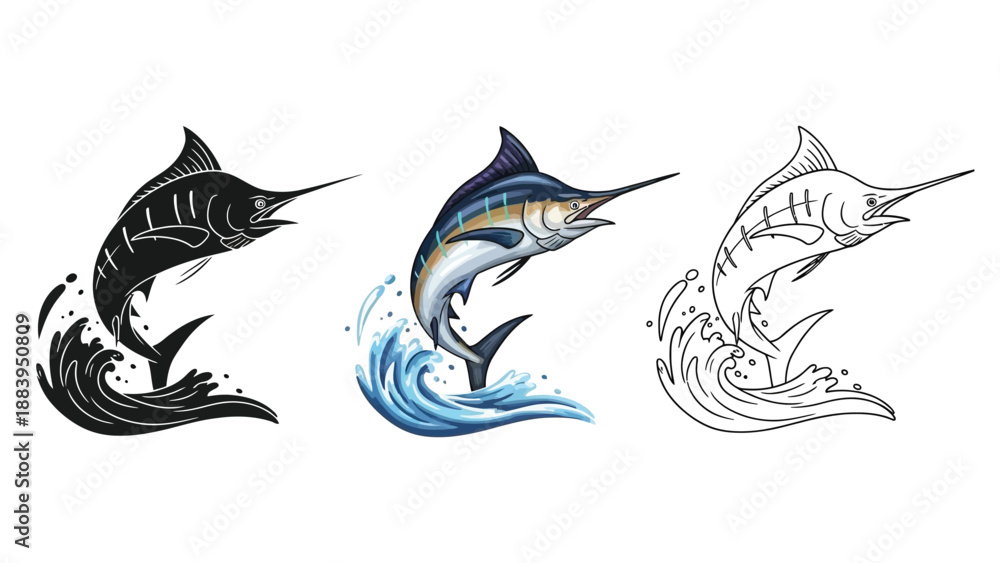 Obraz premium Set of three marlin fish jumping out of water in black silhouette, watercolor color, and line art styles