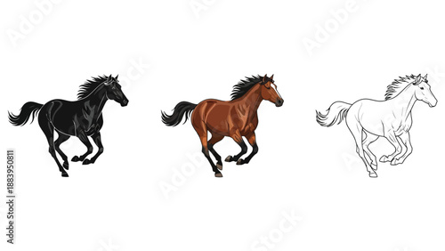 Three running horse illustrations in black, brown, and outline styles