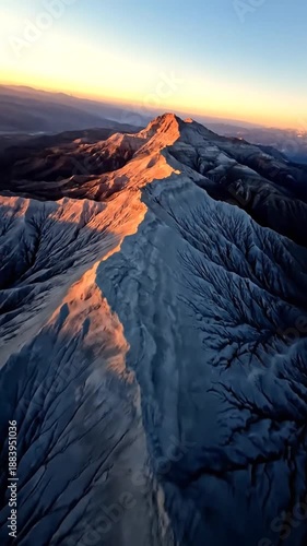 Dramatic Aerial View Of Mountainous Terrain At Dawn Or Dusk With Amazing Light