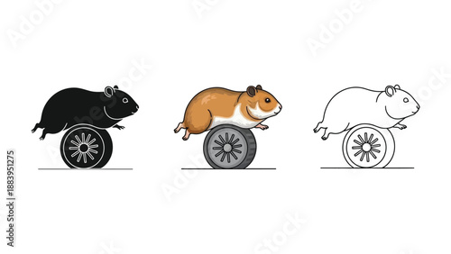Set of three hamster on wheel icons in black silhouette, color, and outline styles