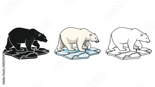 Set of three polar bear illustrations walking on ice floes in black silhouette, color, and outline styles